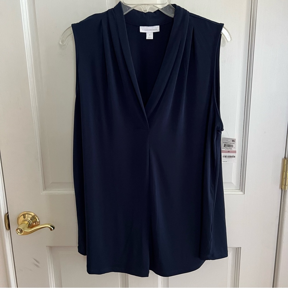 NWT Womens CHARTER CLUB WOMAN Navy Blue Drape Neck Sleeveless Top Plus Size 1X